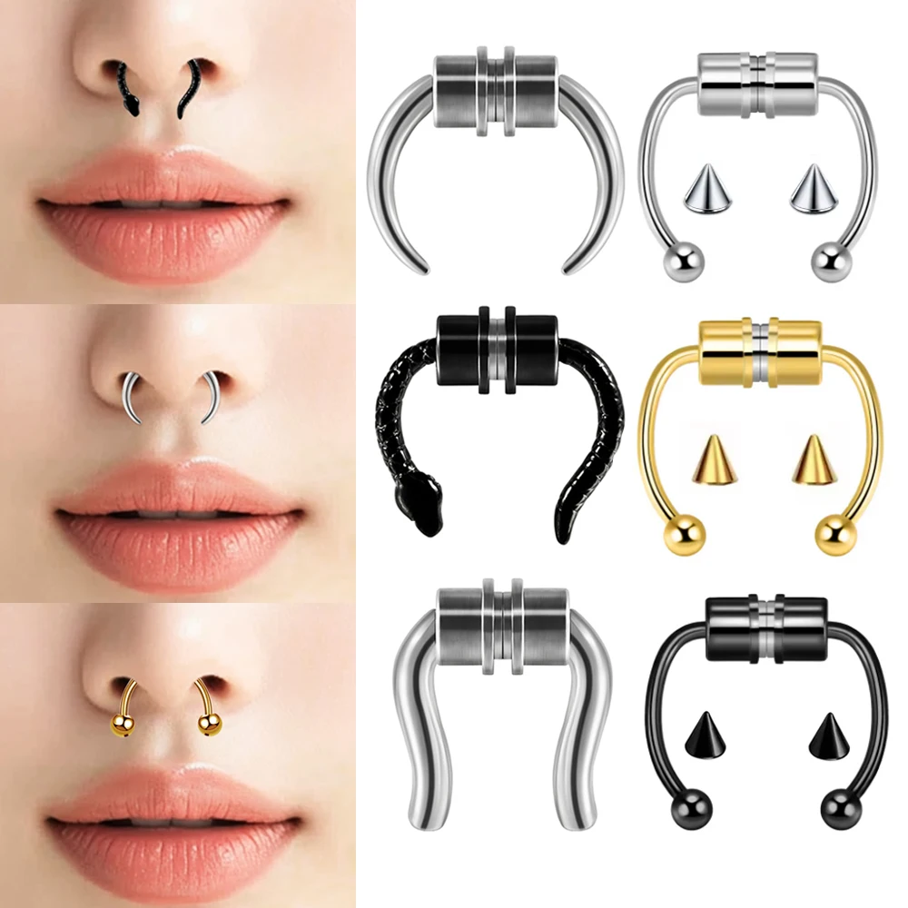 1pcs Fake Magnetic Nose Rings Faux Piercing OX Nose Rings Non Piercing Septum Rings Clip On Stainless Steel Magnet Rings