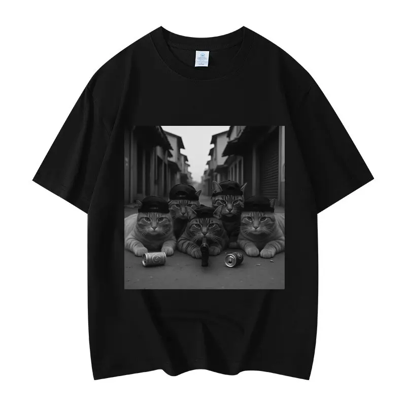 Modisches Retro-Kurzarm-T-Shirt aus hochwertiger Baumwolle für Herren und Damen, lustiges Cat Gang Meme-Muster-T-Shirt
