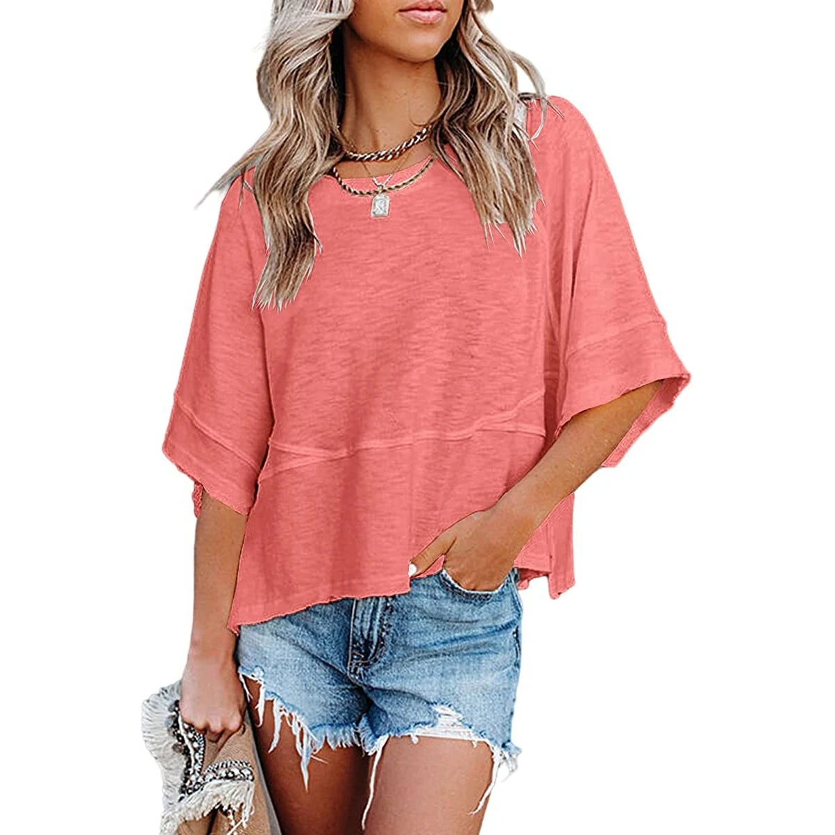Loose Fit Bell Sleeve T-Shirt round Neck Spliced  Color Summer New Style Women's Casual Cotton Top Eighteen to Twenty Fo...