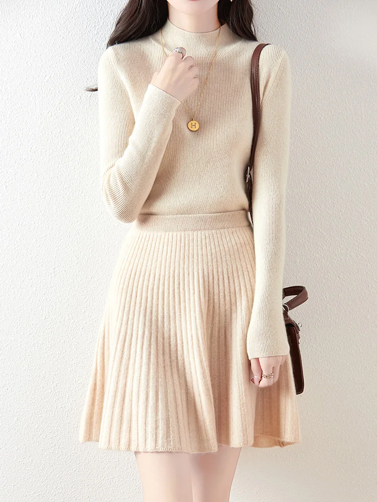 Women's Wave Short Skirt 100% Merino Wool Mini Skirts Autumn Winter Sweater Umbrella Skirt High Waist Stretch Sweet Knit Dresses