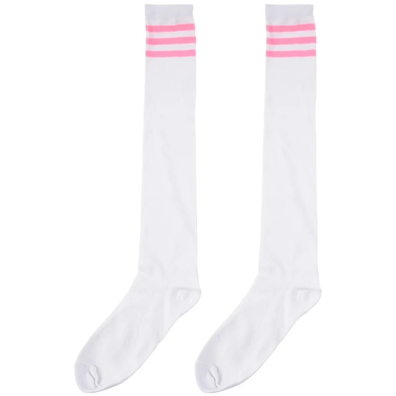 Hot kf-1pair Womens Athlete Thin Stripes Solid Thigh Highs Tights Over Knee Socks White w Pink