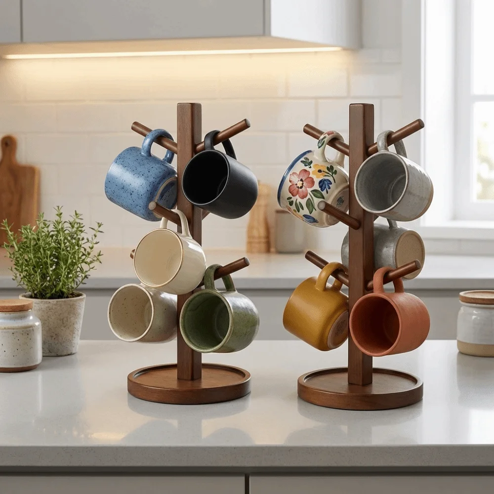 Durable Tree Shape Coffee Mug Holder Decorative with 6 Hooks Compact Cup Rack Space Saving Bamboo Coffee Cup Holder Party