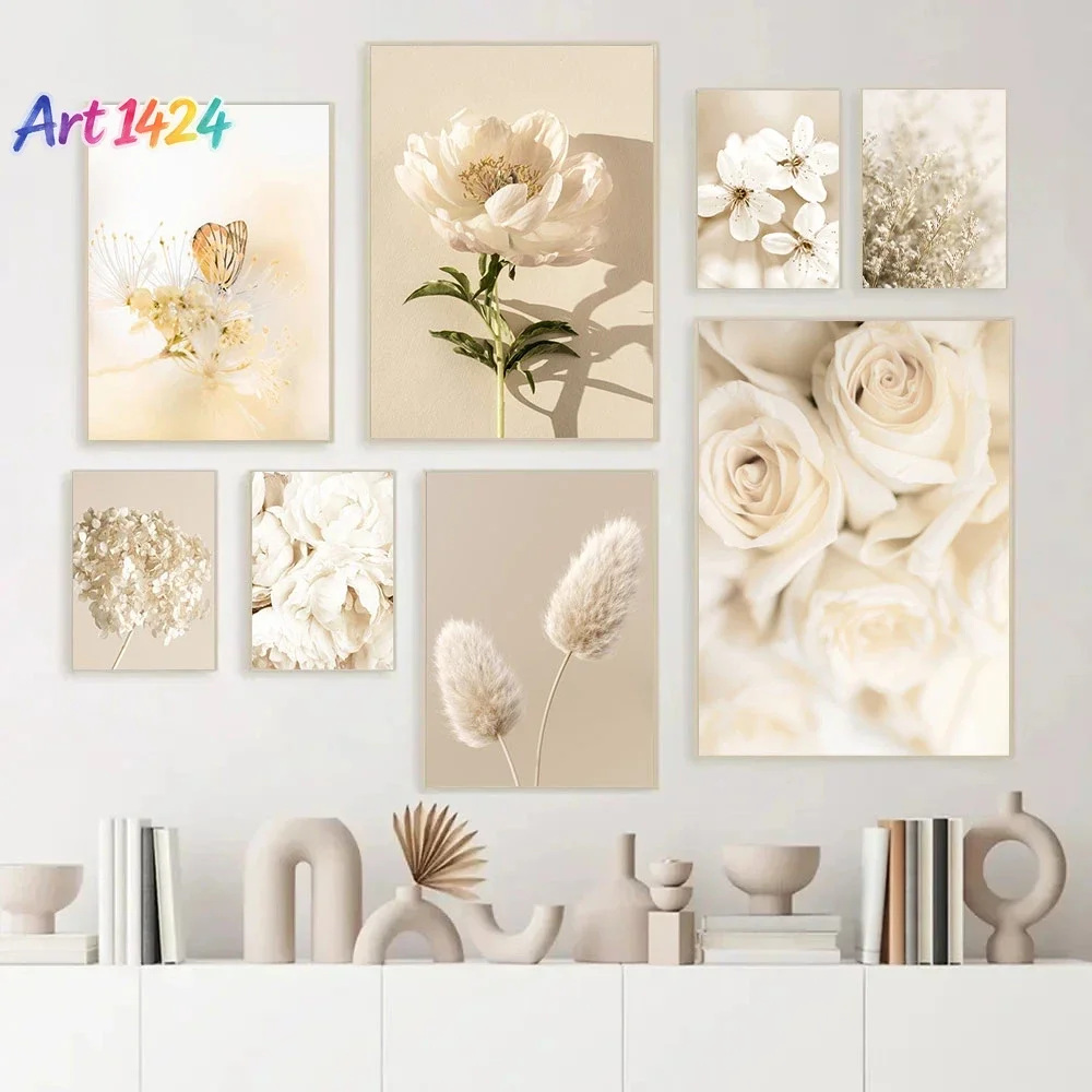 1pc frameless Beige Rose Peony Canvas Poster Reed Pampas Grass Print Pictures Flower Wall Art  Nordic Posters Living Room