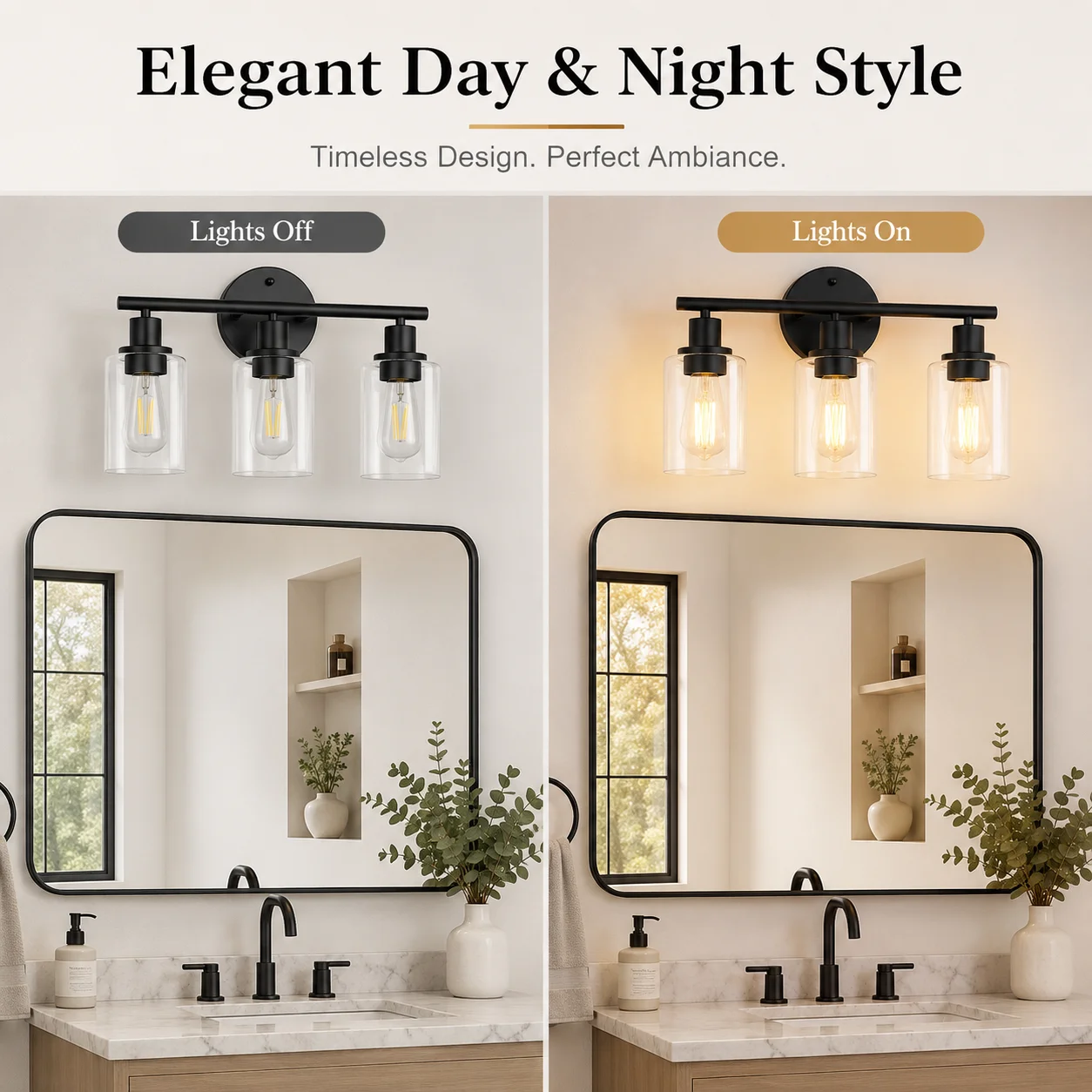 JOYINLED Modern Bathroom Light Fixtures 3 Light Vanity Lights Black Wall Lamp with Clear Glass for Bathroom Mirror, E27 E26 Base