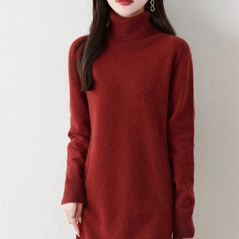 

2024 New Autumn Winter New Solid Warm Soft Wool Knitted Dress Women Vintage Elegant Elasticity Slim Turtleneck Chic Long Dresses