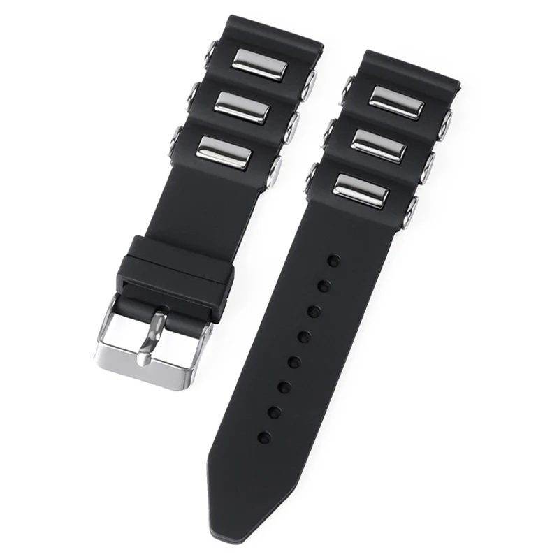 Waterproof Silicone Watchband for Seiko 22mm 24mm 26mm Metal Embedding Rubber Strap Black Replacement Bracelet for Huawei Band