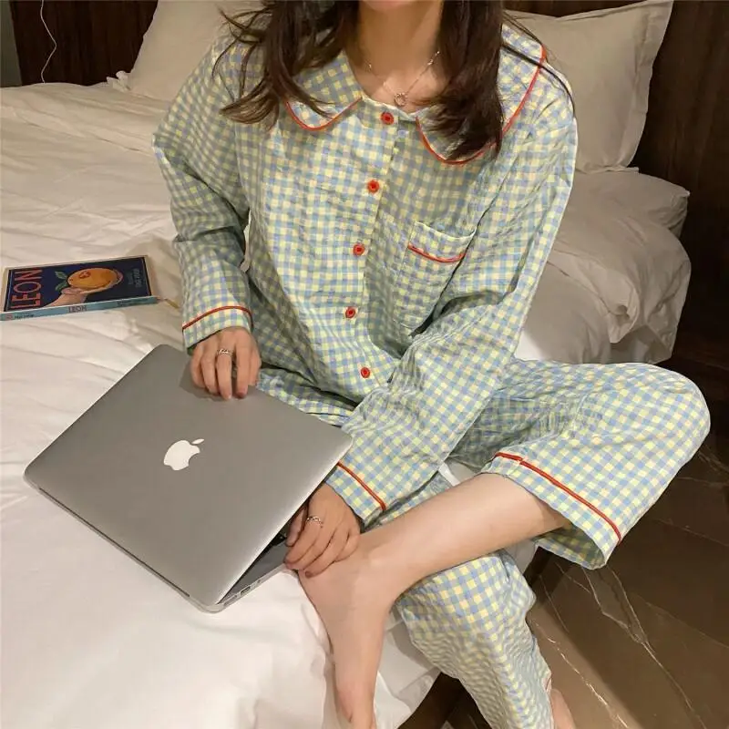 Grade pijamas femininos primavera outono confortável pijamas novo modelo mangas compridas conjunto de pijama de algodão calças cor sólida homewear