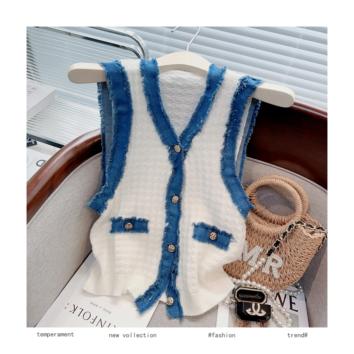 French Contrast Color Sleeveless Sweater Vest Women Pullover 2024 Spring Vintage V-neck Striped Knitted Vests Tank Tops Jumper