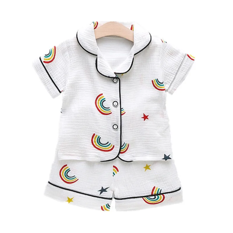 Boys Girls Homewear Sets Clothes Baby Short Sleeves Pajamas Muslin Cotton Outfit Kids Suit Shirt Tops+Pants 2PC 0-5 Years