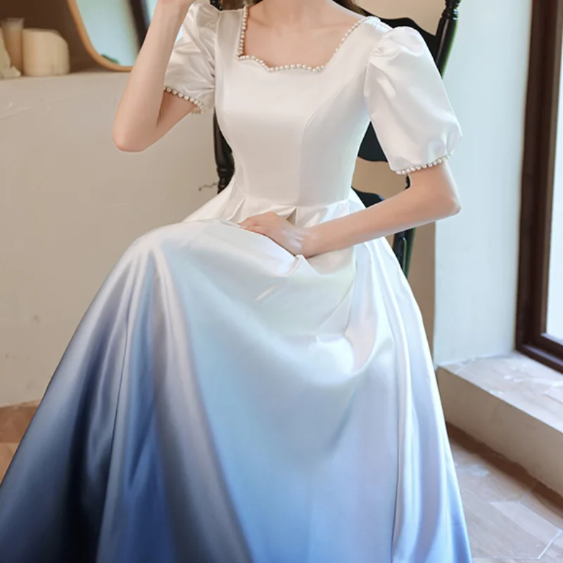 

Retro Court Style Banquet Dress Qipao White -blue Gradients Evening Party Dress Cheongsam Women Elegant Satin Robe De Soiree