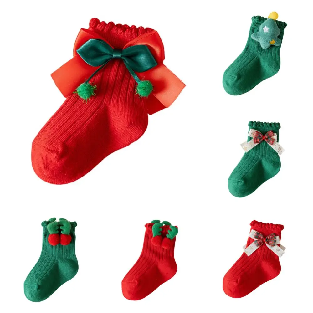 مرونة الأحمر الأخضر الأطفال عيد الميلاد الجوارب قرون شجرة عيد الميلاد منتصف جوارب أنبوبية شريط Bowknot الكرتون جورب عيد الميلاد