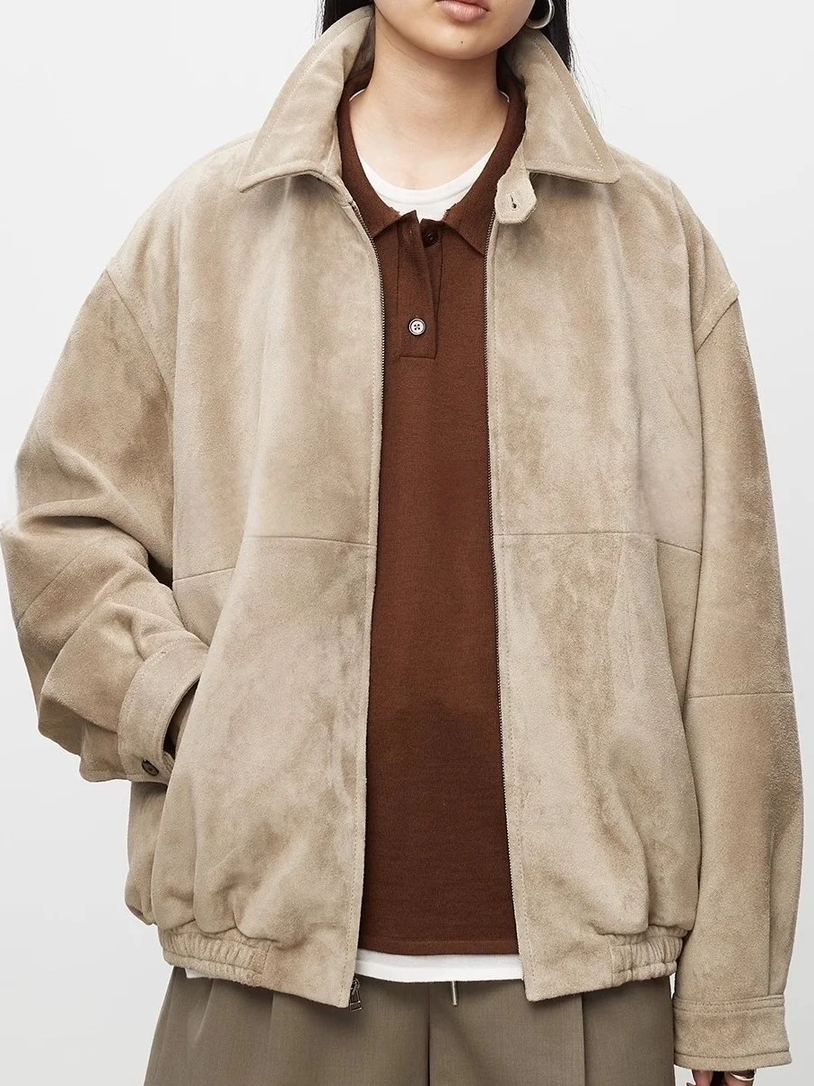 

Casual R0W Mixed Breed Miniature Goat Leather Faux Suede Fashionable Jacket Coat Collar Unisex Genuine Leather Coat Zipper