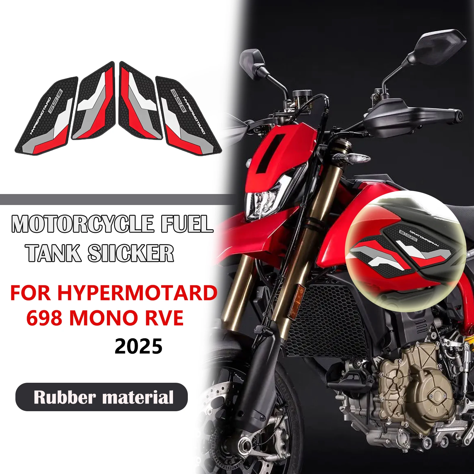 ل Ducati Hypermotard 698 مونو RVE 2025 خزان وقود دراجة نارية وسادة واقية مجموعة ملصقات عدم الانزلاق الجانب خزان الوقود ملصق #1