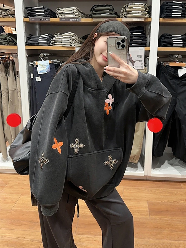 Heavy Industry Leather Embroidered Hooded Long Sleeve Hoodie for Women 2025 Spring New Style Thickened Velvet Warm Top Trendy image 3