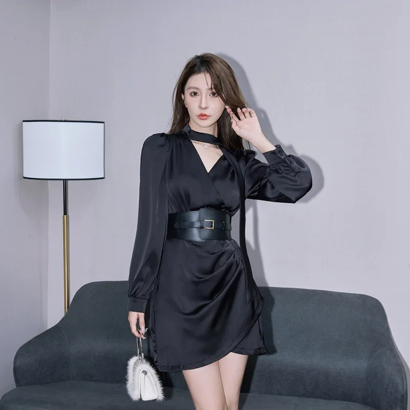 

MiiiiX Sexy Hot Girl Short Shirt Dress Women's Elegant Party Dress 2024 Autumn Waist Ribbon Halterneck Female Clothes with Belt