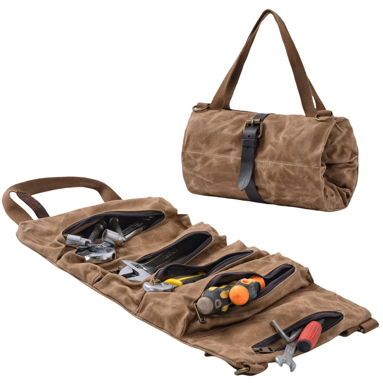 Durable Vintage Waxed Canvas Rolled Tool Kit Portable Folding Home Repair Tool Bag