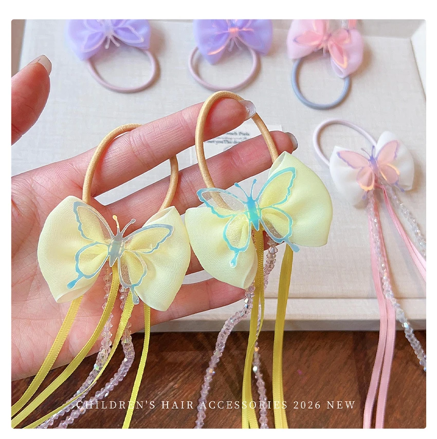2026 Neu 2er-Set Schmetterlings-Haarschleifen mit Quasten und Kristallen – Hochelastisch, schadet den Haaren nicht, elastisch für Babys, Kleinkinder und Kinder – Geschenk – Detail 3