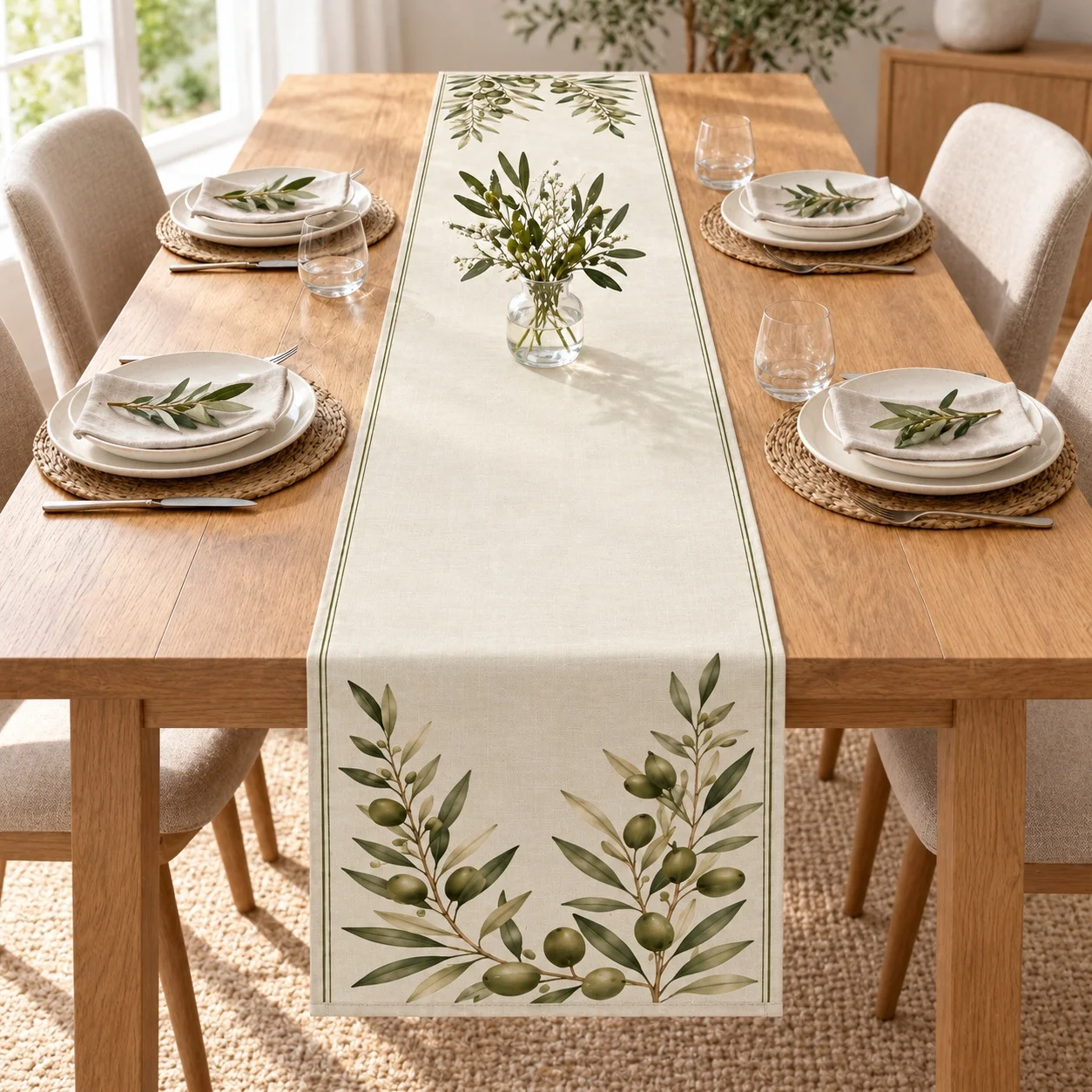 Olive Branch Table Runner Green Leaves Print Linen Table Runner Farmhouse Wedding Party Dining Table Home Decor
