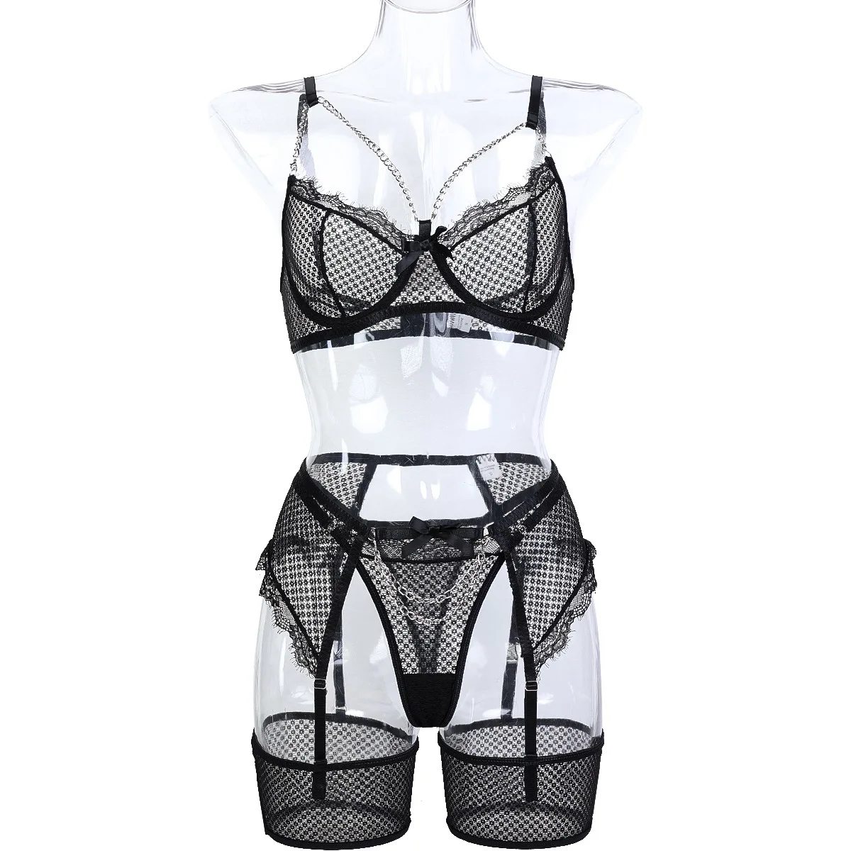 Sexy Underwear Girl Fun Grid Splicing Lace Eyelashes Metal Chain Four-piece Set