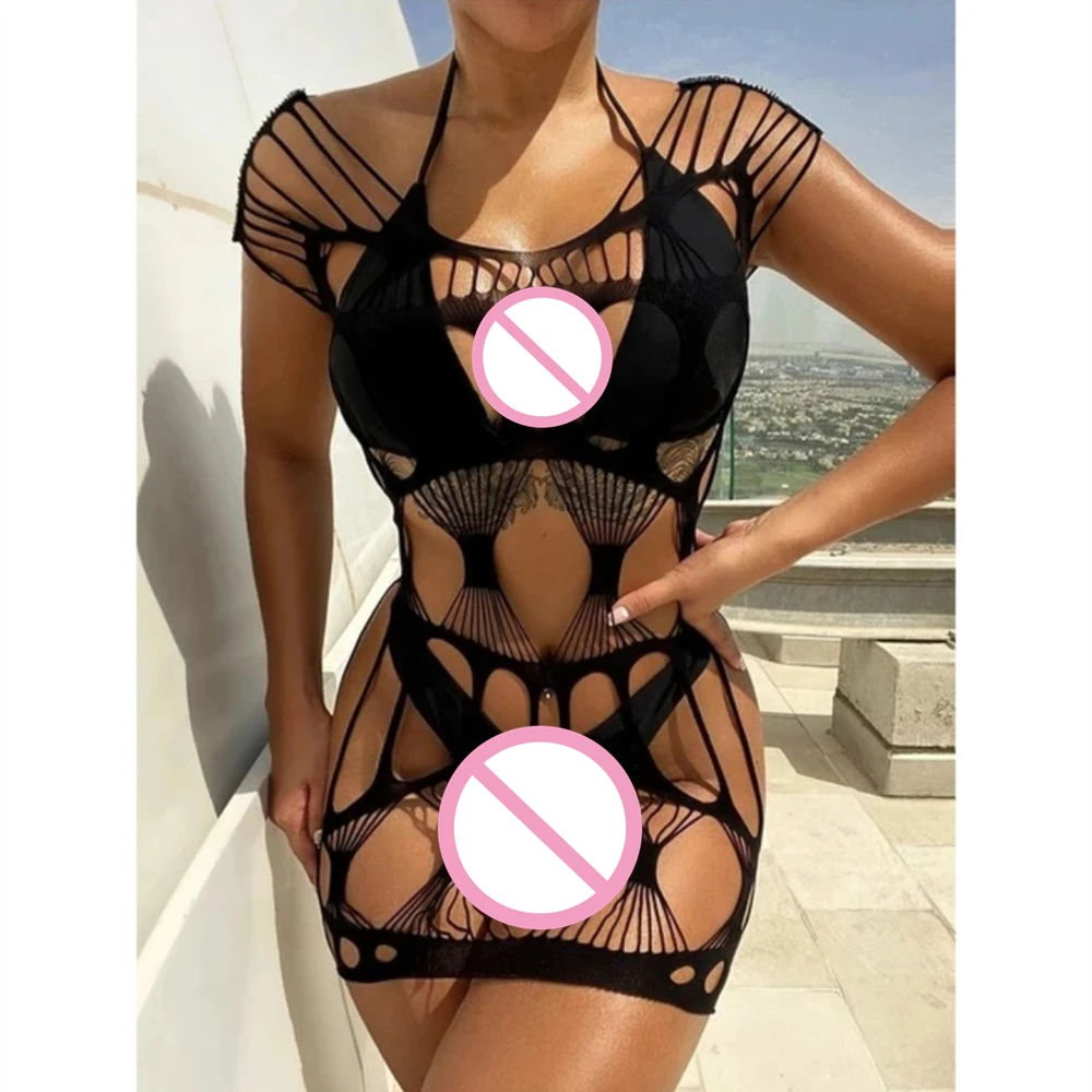 Adult Women's High Elasticity Fishnet Lingerie Tight Erotic Mesh Transparent Mini Bodycon Dress for Ladies Party Night Outfit