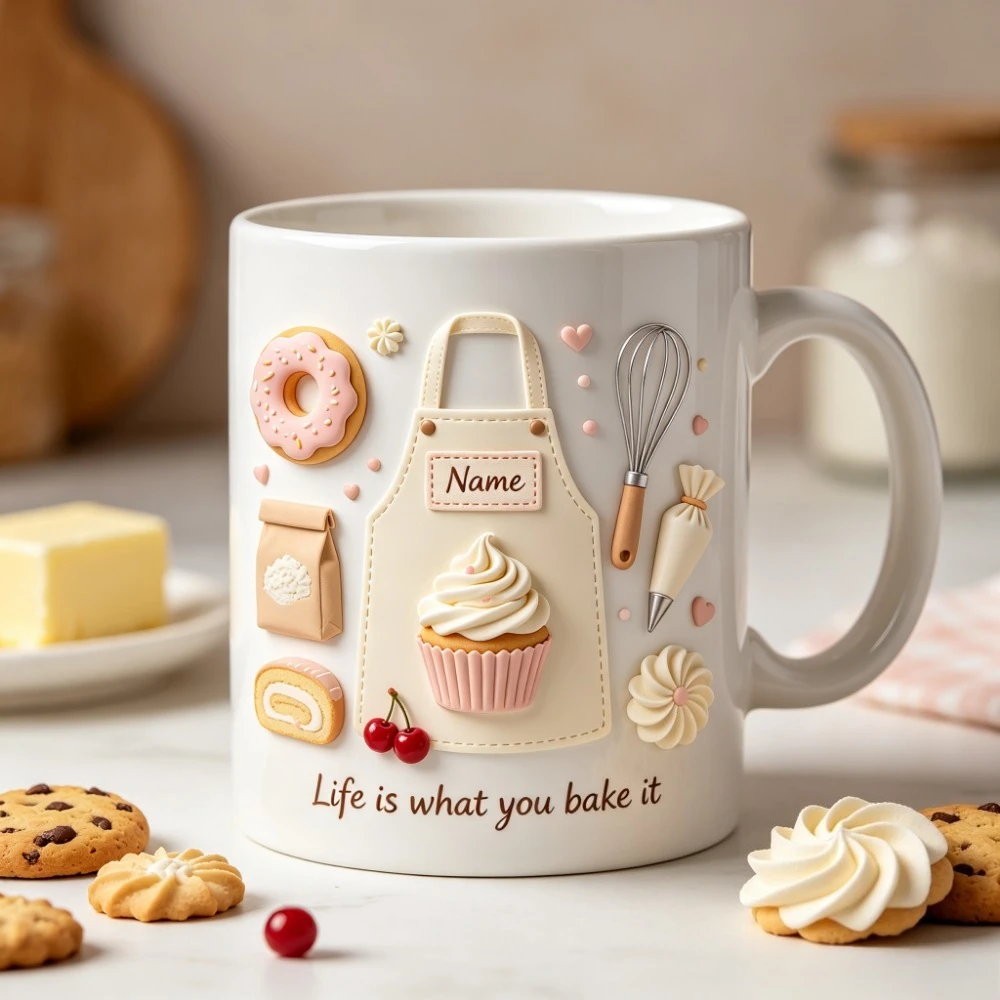 Custom Name 11oz Baking Lover Mug 2D Printed Ceramic Coffee Cup with Apron Cupcake Design Microwave Safe Gift for Women