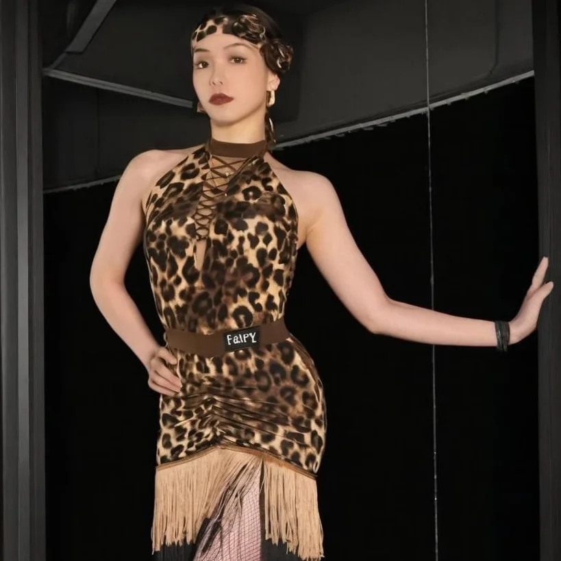 

Latin Dance Dress Women Sexy Hanging Neck Leopard Print Tassels Split Dress Practice Clothes Samba Chacha Dance Wear DN20332