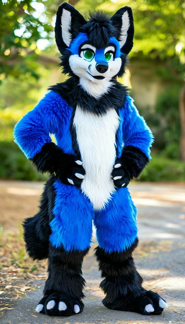 Blau-Weißer Husky-Fuchs-Hund Schwarzes Fursuit-Maskottchen-Kostüm Maßgeschneidertes Cartoon-Anime-Themen-Charakter-Outfit für Erwachsene Weihnachten