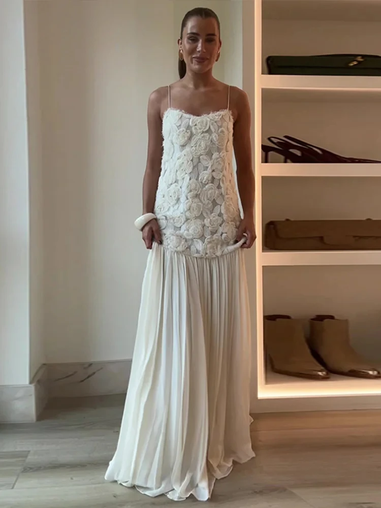 

Elegant 3D Floral White Long Dress Women Patchwork Backless Pleated Party Evening Dresses Female 2025 Summer Lady A-line Robes