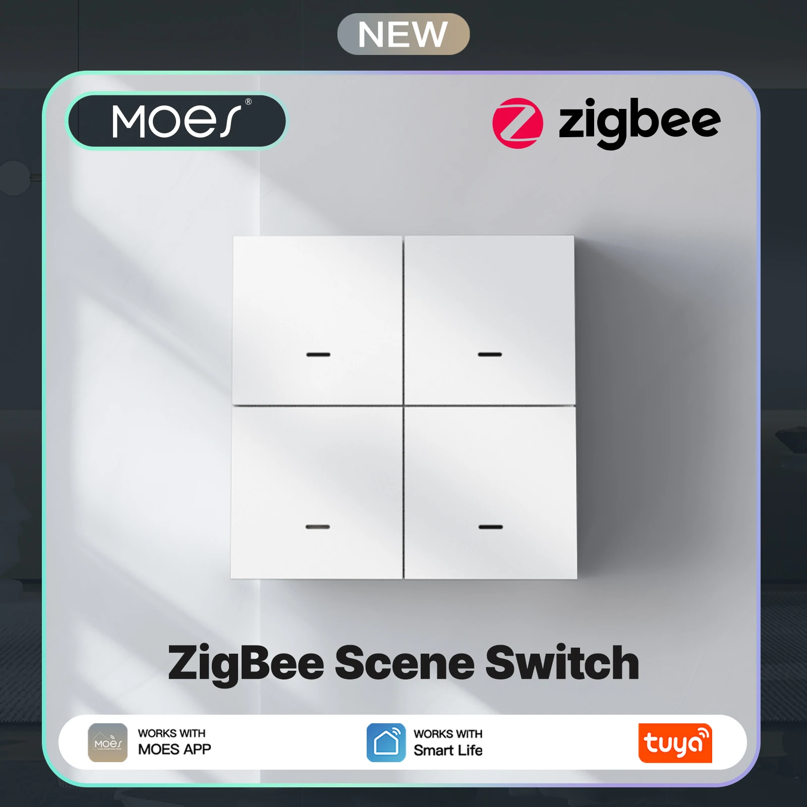 

MOES 4-Gang Tuya ZigBee Smart Switch, 12 Scene Controller, Battery Operated, App Remote Control for Home Automation