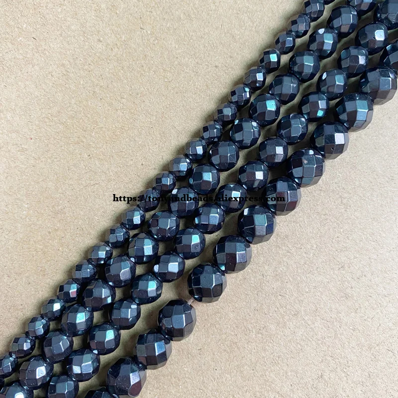 Natural Stone Faceted Black Hematite Round Loose Beads 8 10MM 15\