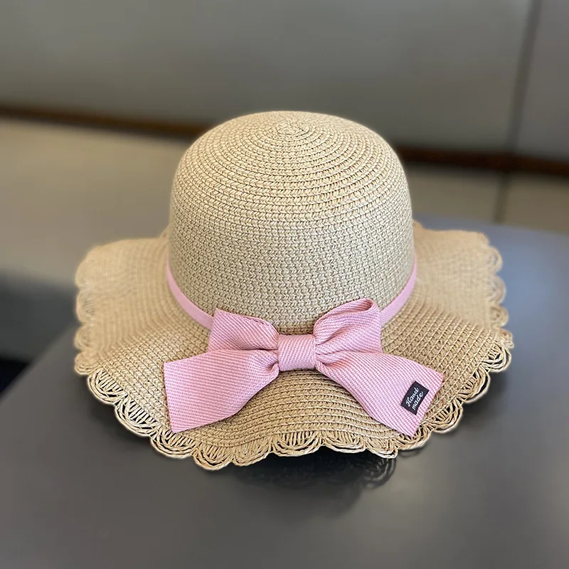 Summer Girls Beach Sun Hats Lotus Leaf Brim Cute Bowknot Outdoor Sun Protection Children Straw Cap Kids Girl Bag