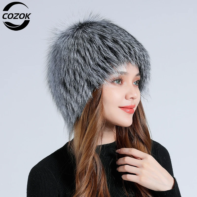 

Winter Hat for Women 100% Natural Silver Fox Fur Elastic Knitted Lined Cap Fluffy Wig Real Fur Hat Female Ear Warm Beanies