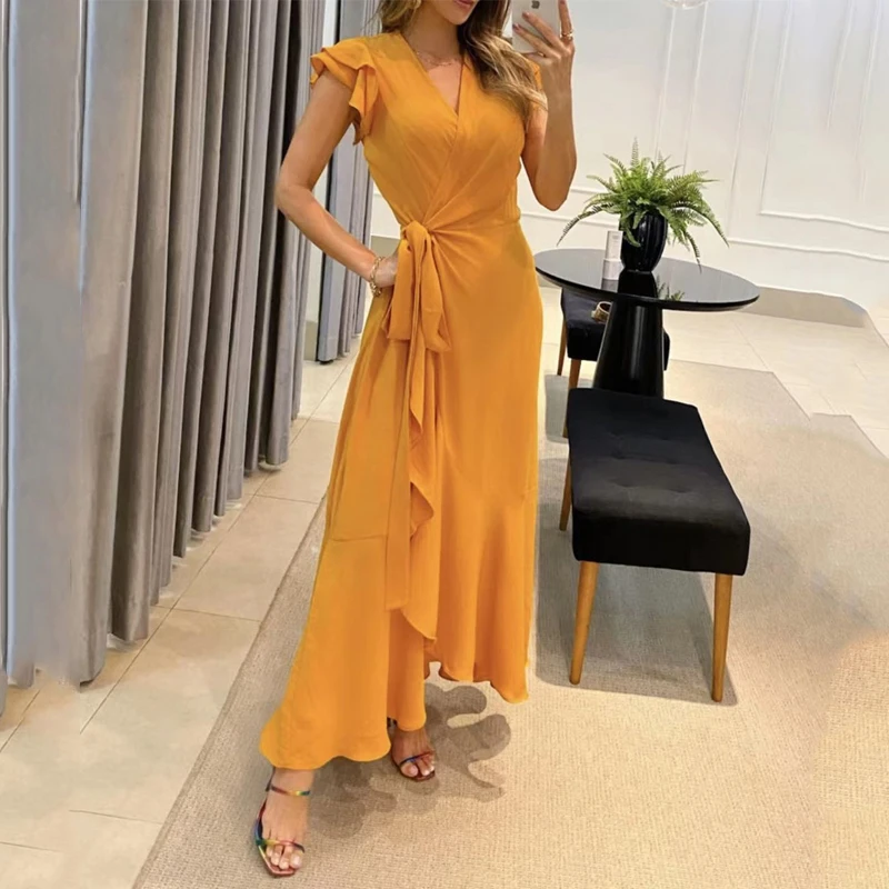 

Fashion Women Maxi Dress Summer Casual Solid Butterfly Short Sleeve V Neck Lace Up Nipped Waist Ruffle Party Dresses