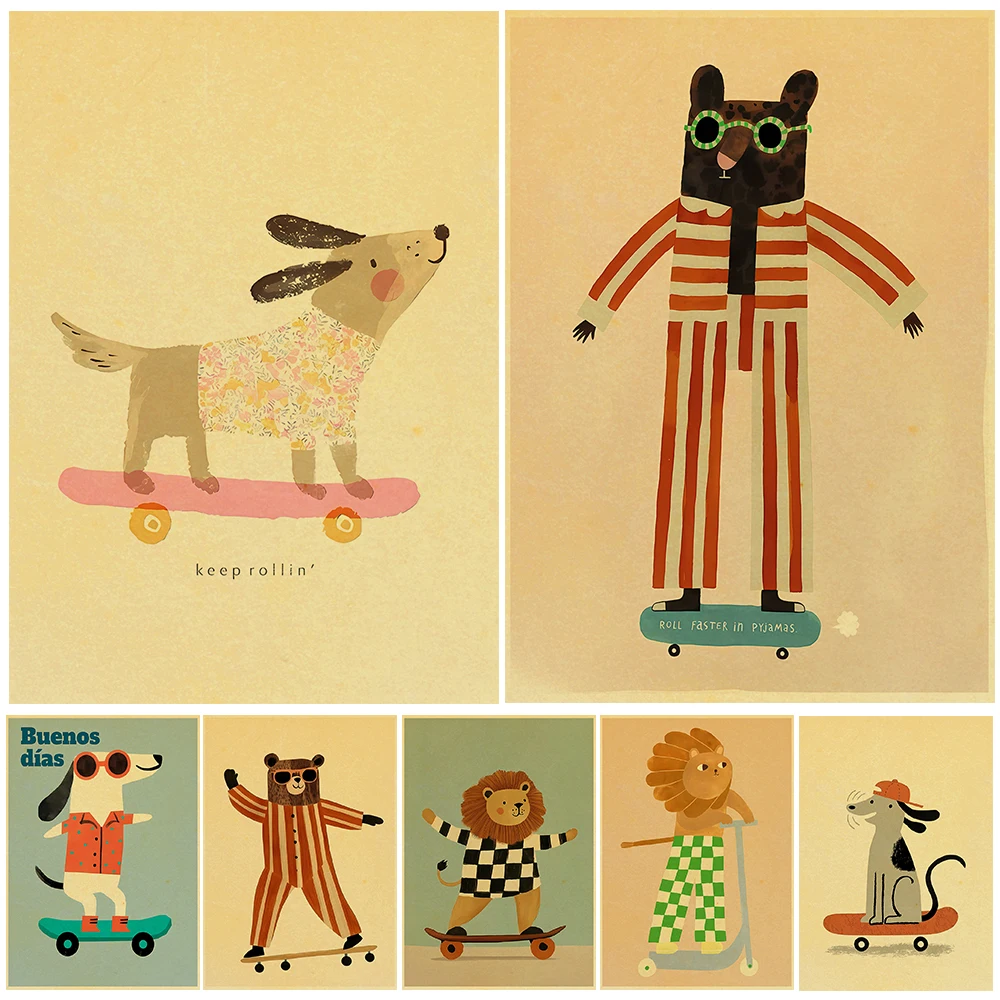 

Animal Skateboarding Poster Kraft Paper Aesthetic Living Fashion Coffee Art Picture Modern Wall Art Aesthetic Landscape Poster
