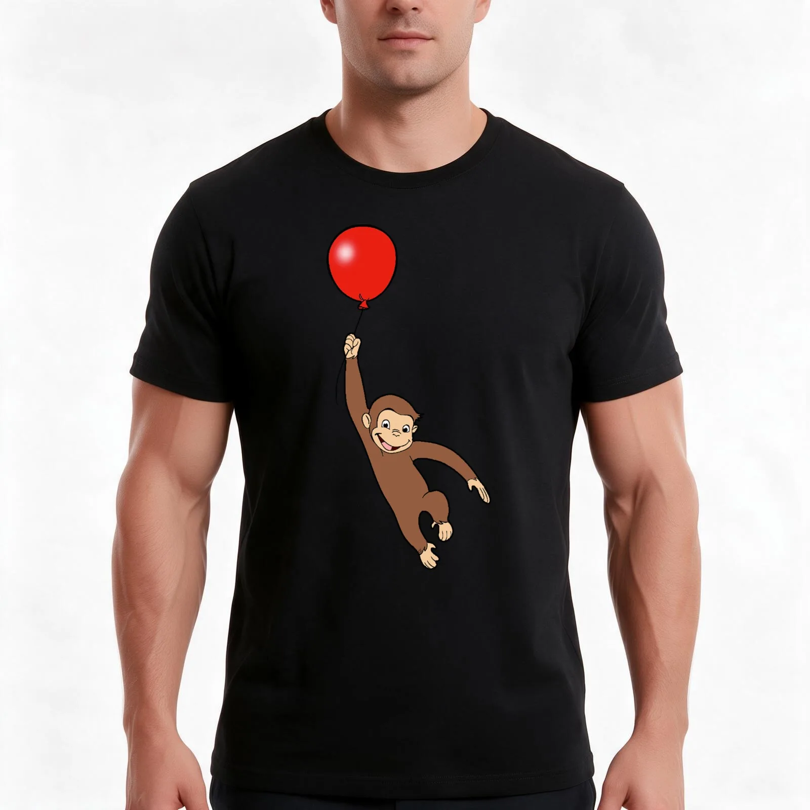 Curious George with a balloon T-Shirt, Summer Casual Cotton Tee, Oversized Streetwear Tops, Vintage Graphic Print, 100% Cotton