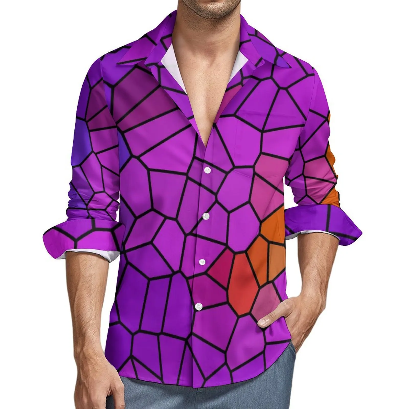 

Geometric Casual Shirt Men Stained Glass Abstract Art Streetwear Shirt Autumn Elegant Blouse Long Sleeve Graphic Oversized Tops