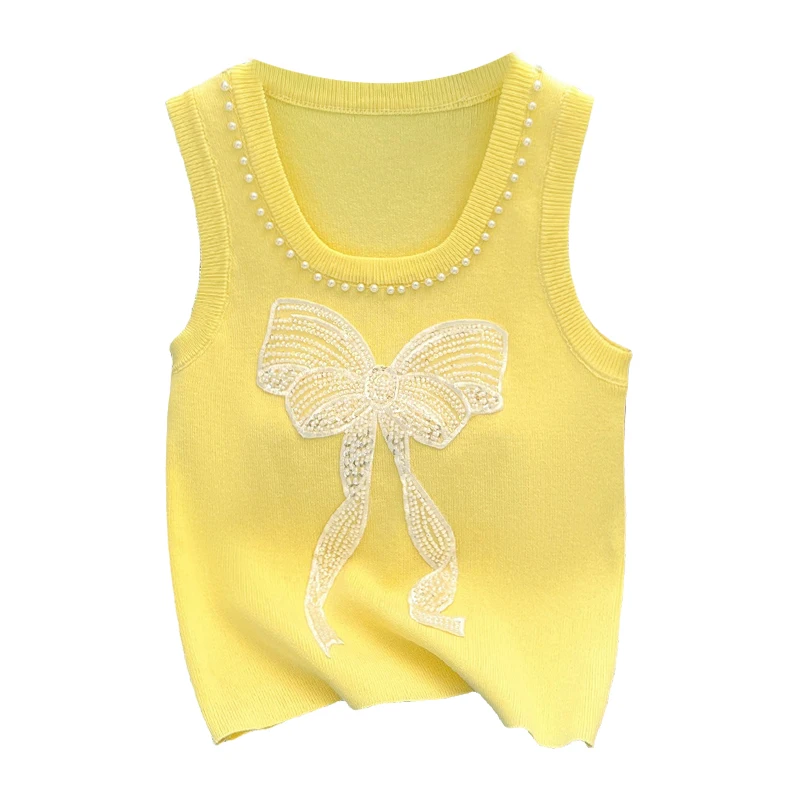 Bow Pearl Beaded Knit Sweater Vest Women Pullover Tees Tops Summer Stylish Sexy Fashion Chic Knitwear Sleeveless O-neck Jumpers