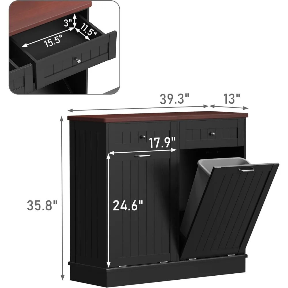 خزانة فرز الغسيل الخشبية القائمة بذاتها سعة 10 جالون مع درج مخبأ وصندوق إعادة التدوير #3