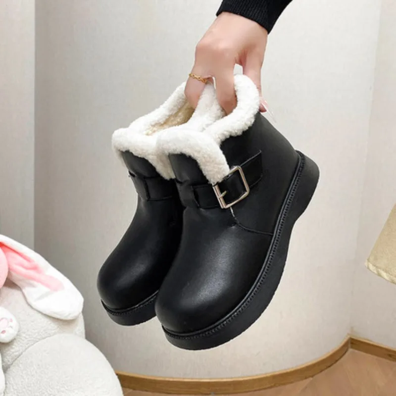 

Girls Warm Plush Ankle Boots Round Toe Slip On Flats Belt Buckle Small Size 31 32 Outdoor Non Slip Daily Short Booties