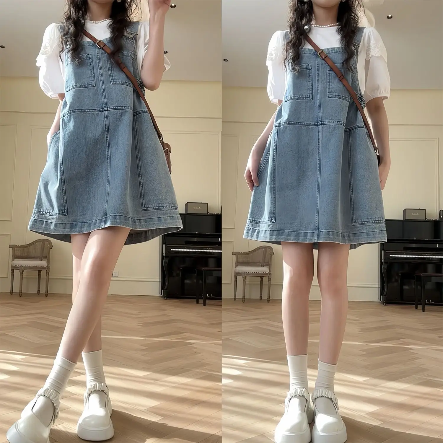 Petite Age-Reducing Fashion Korean Style Loose Casual Multi-Pocket Waist Elastic Adjustable Denim Suspend Skirt For Women