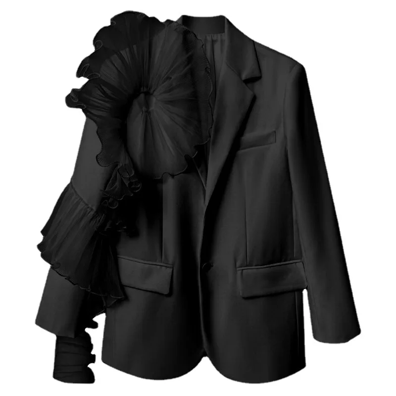 Fashionable White Women's Suit Splicing Three-dimensional Mesh Ribbon Sleeve Top Single Breasted Loose Small FragrantStyleJacket