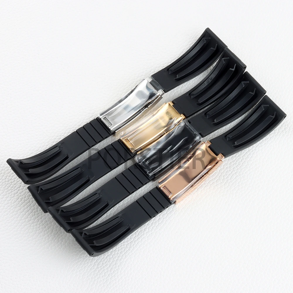 أسود 20 مللي متر عرض حزام الساعات سوار مطاطي فضي/أسود/ذهبي وردي/ذهبي صلب 316L مشبك من الفولاذ المقاوم للصدأ حزام مطاطي #2