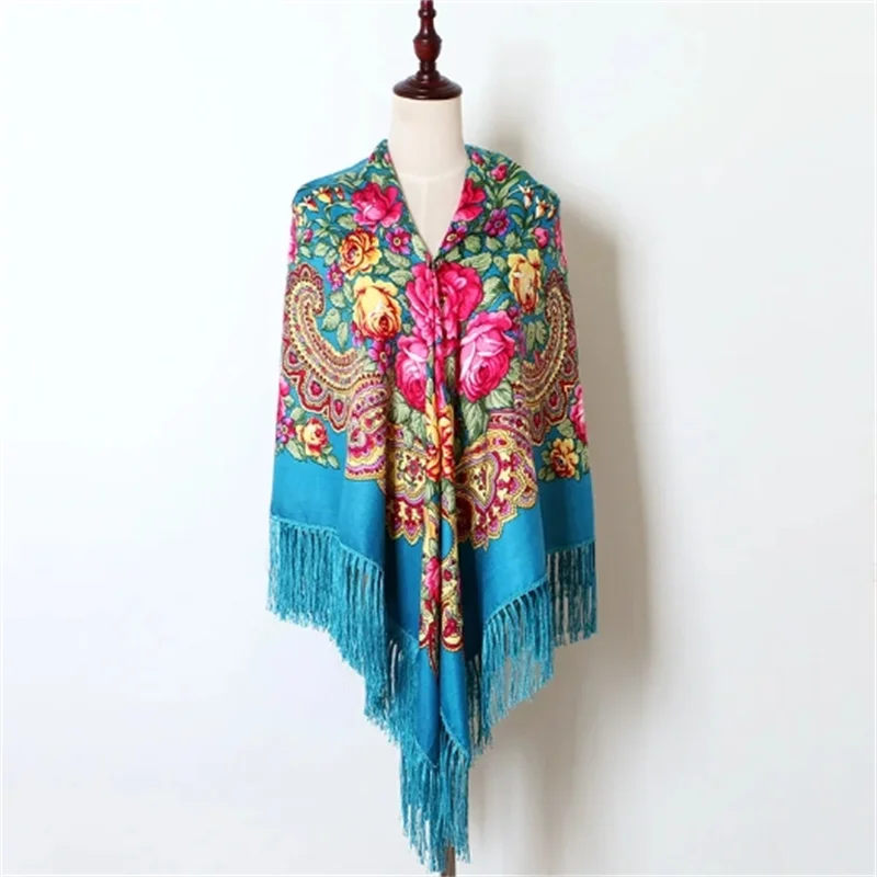 160*160cm Big Size Russian National Square Scarf Women Traditional Ukrainian Fringed Shawl Retro Floral Pattern Headscarf Wraps