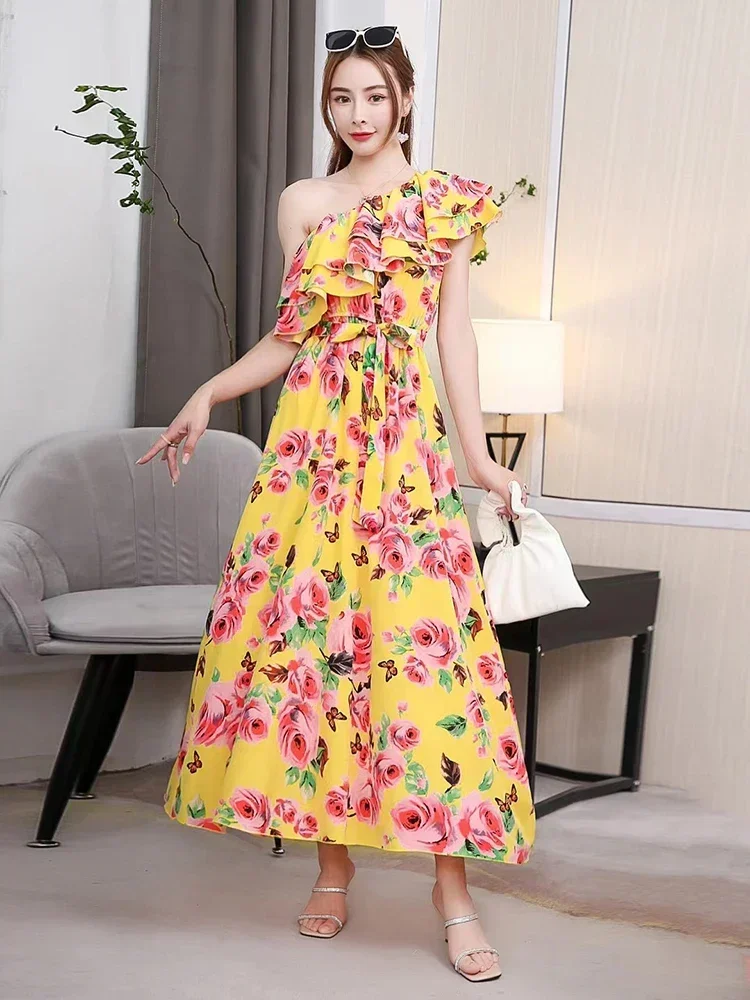 Floral Print Dress Summer Sexy Off-the-shoulder Waist Temperament A-line Holiday Beach Big Swing Long Dress Women D1127