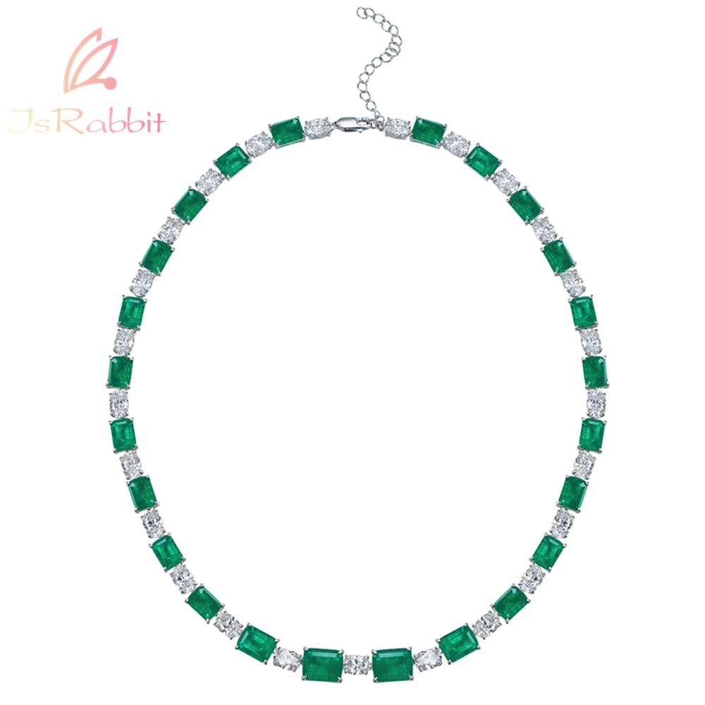 

IsRabbit 18K Gold Fancy 6*8MM Created Emerald Muzo Green Sapphire Engagement Necklaces 925 Sterling Silver Jewelry Drop Shipping