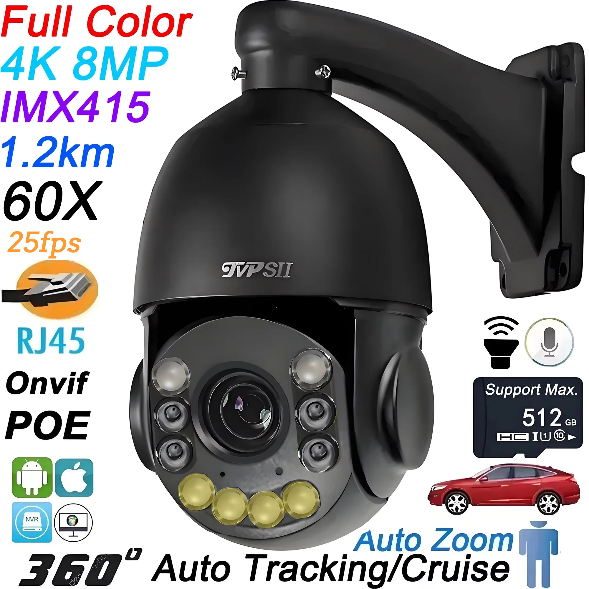 Black Metal Full Color Auto Tracking Cruise 8MP 4K 60X Optical Zoom 360° Audio ONVIF PTZ Speed Dome POE Surveillance IP Camera