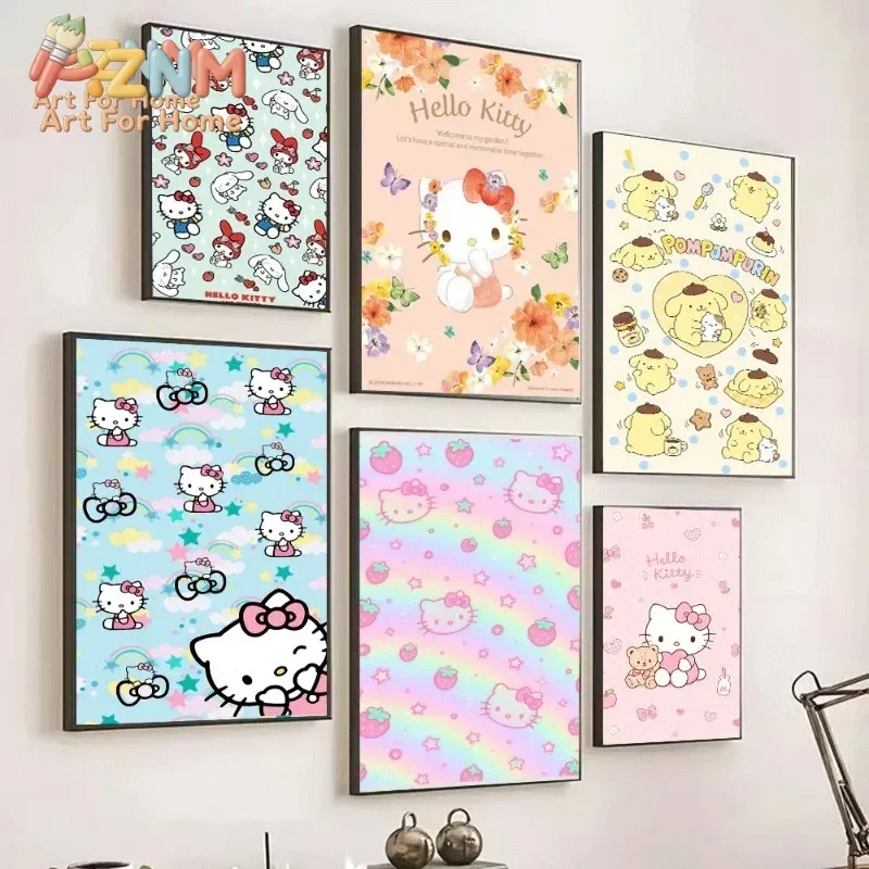 AZNM Sanrio Hello Kitty My Melody Cinnamoroll Pompompurin Canvas Poster Cute Cartoon Unframed Wall Art for Girls Room Decor