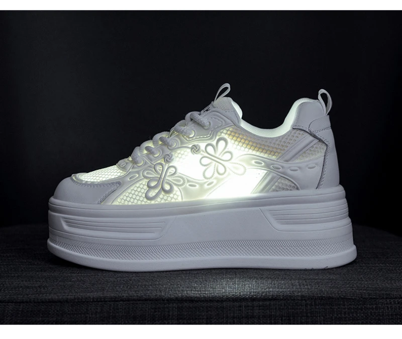 Womens White Mesh Platform Sneakers Breathable Thick Sole Casual Shoes With Flower Embroidery Lightweight Non Slip For Summer Da