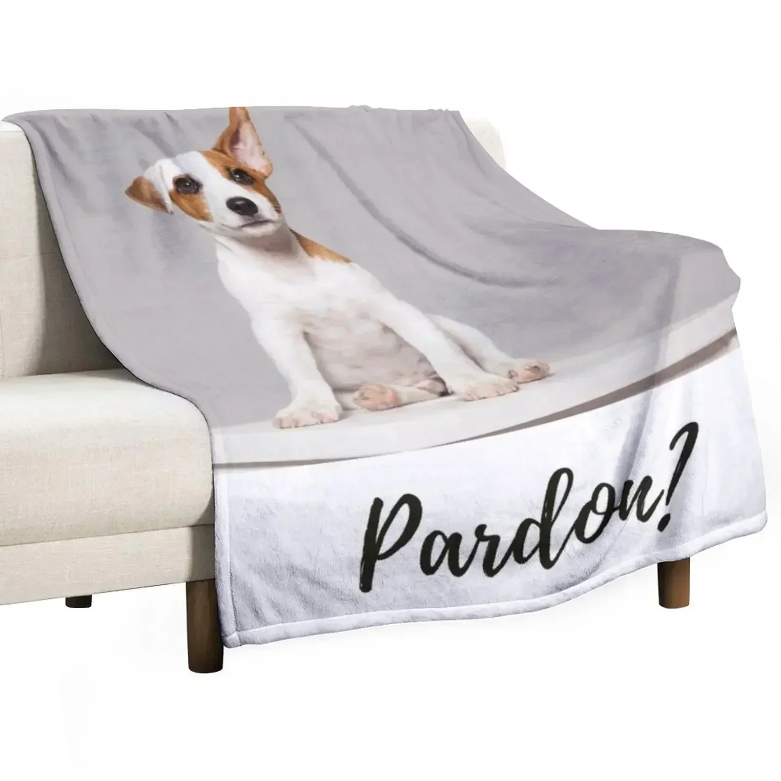 Pardon? Jack Russell Terrier puppy. Sitting. One ear folded over, the other pointed upwards Throw Blanket