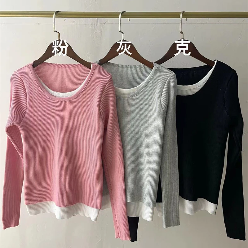 Fake Two Piece Knitted T-shirt Women Autumn Casual Slim Long Sleeve Top Bottom Shirt